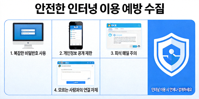 안전한 인터넷 이용을 위한 예방 수칙을 설명하는 이미지