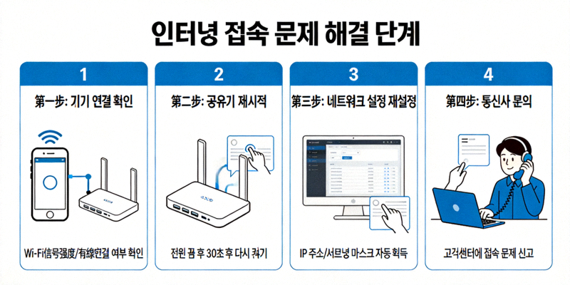 인터넷 접속 문제 해결 단계를 설명하는 인포그래픽