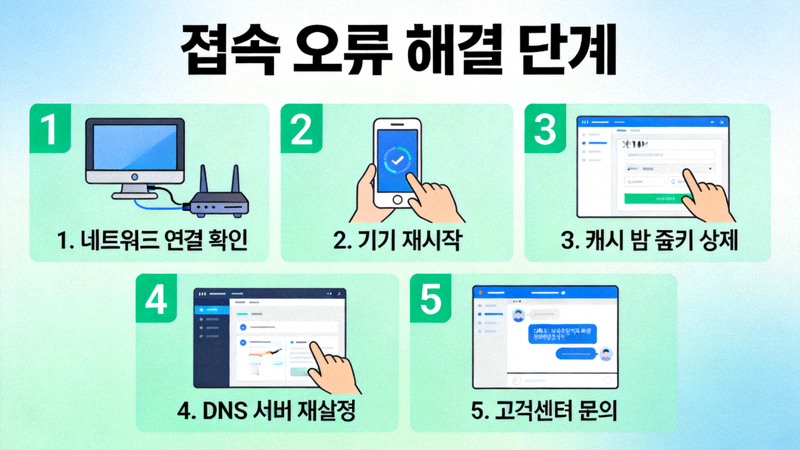 접속 오류 해결 단계를 보여주는 인포그래픽 이미지