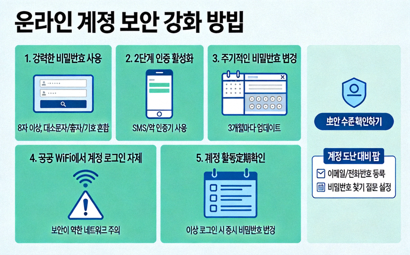 온라인 계정 보안을 강화하는 방법을 설명하는 인포그래픽 이미지