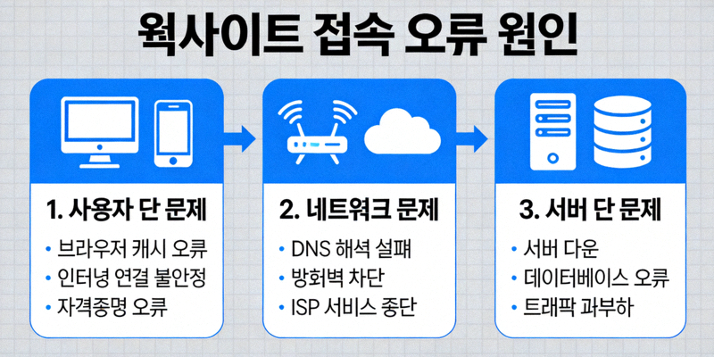 웹사이트 접속 오류 원인을 설명하는 다이어그램 이미지